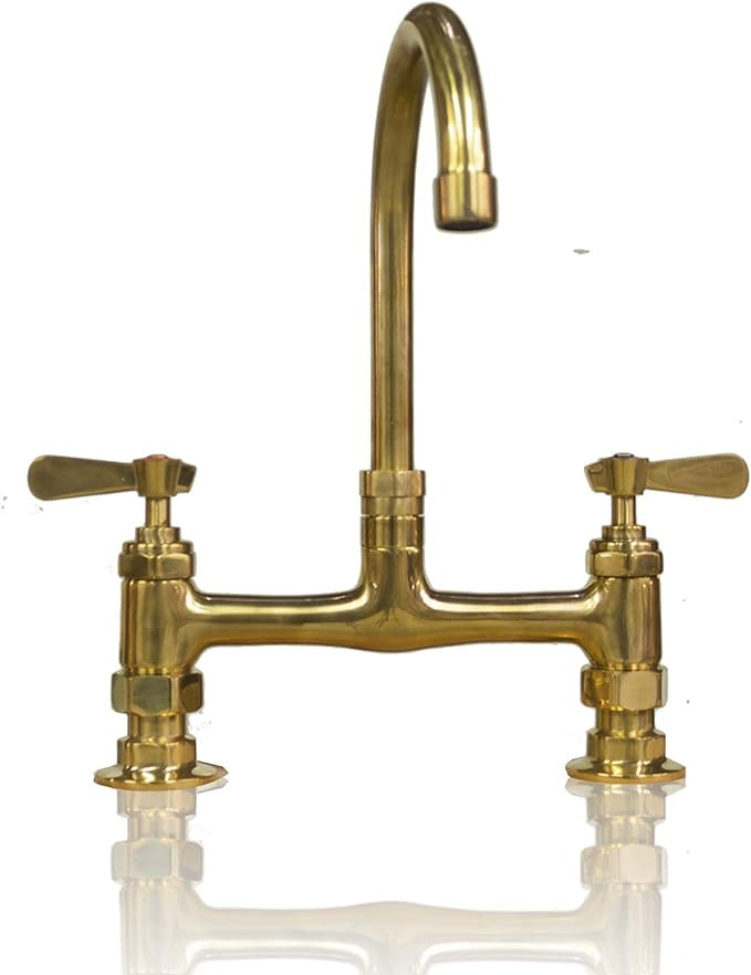 Unlaquered Natural Brass 8 inch Bridge Faucet 6 inch Arched Spout Deck Mount w/ Lever Handles | Amazon (US)