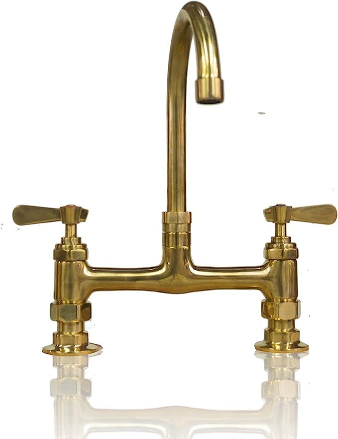 Unlaquered Natural Brass 8 inch Bridge Faucet 6 inch Arched Spout Deck Mount w/ Lever Handles | Amazon (US)