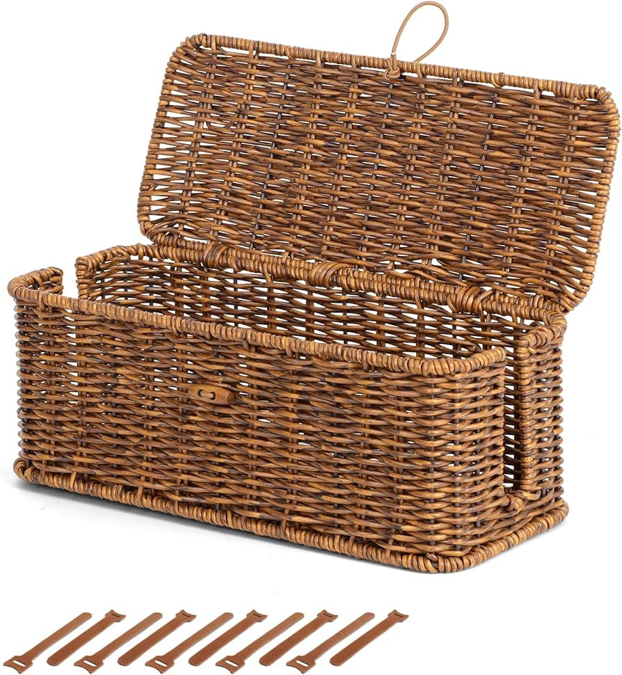 Cable Management Box, Cord Organizer with Lid & Cable Ties - Brown, M | Amazon (US)