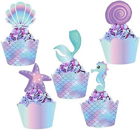 Mermaid Cupcake Toppers and Wrappers, 40 pcs Double Side Little Mermaid Theme Decoration,Under Th... | Amazon (US)