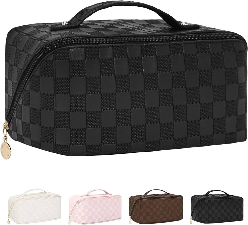 SOIDRAM Large Capacity Travel Cosmetic Bag Makeup Bag Checkered Leather Makeup Bag Organizer Wome... | Amazon (US)