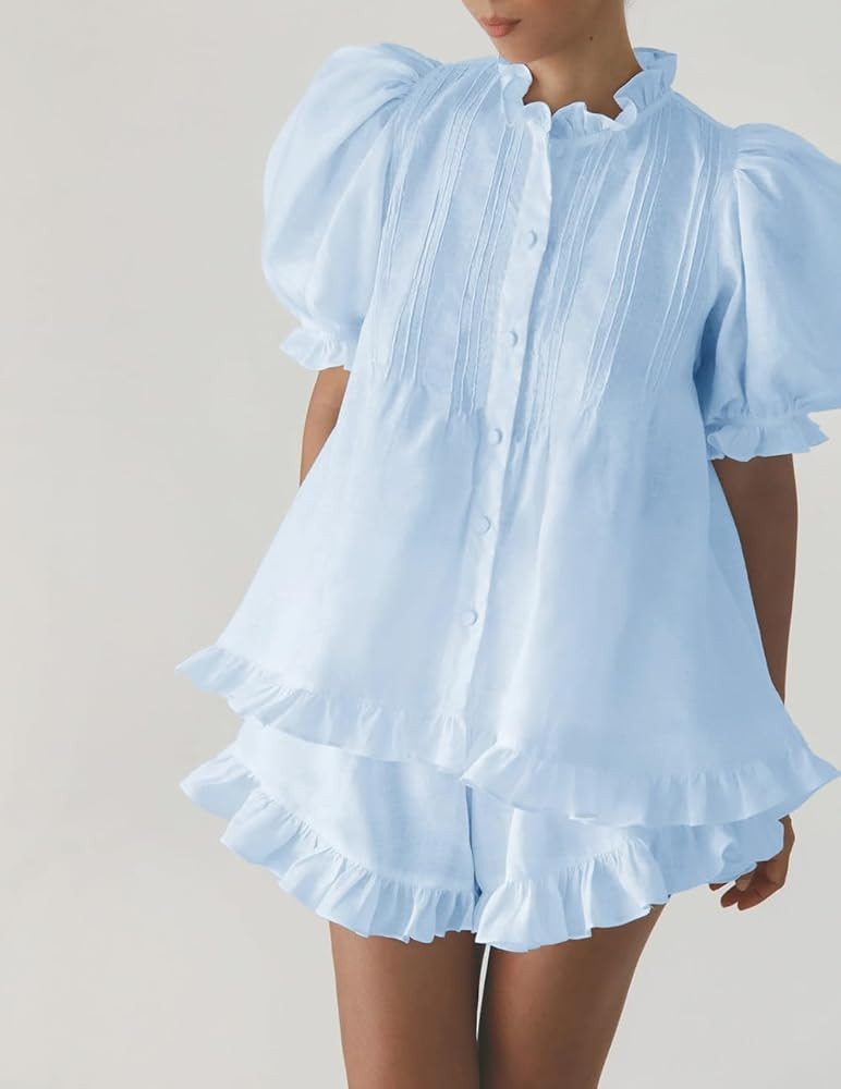 Women Ruffle 2 Piece Sets Fashion Puff Sleeve Button Down Shirts and Shorts Cotton Pajamas Sets | Amazon (US)
