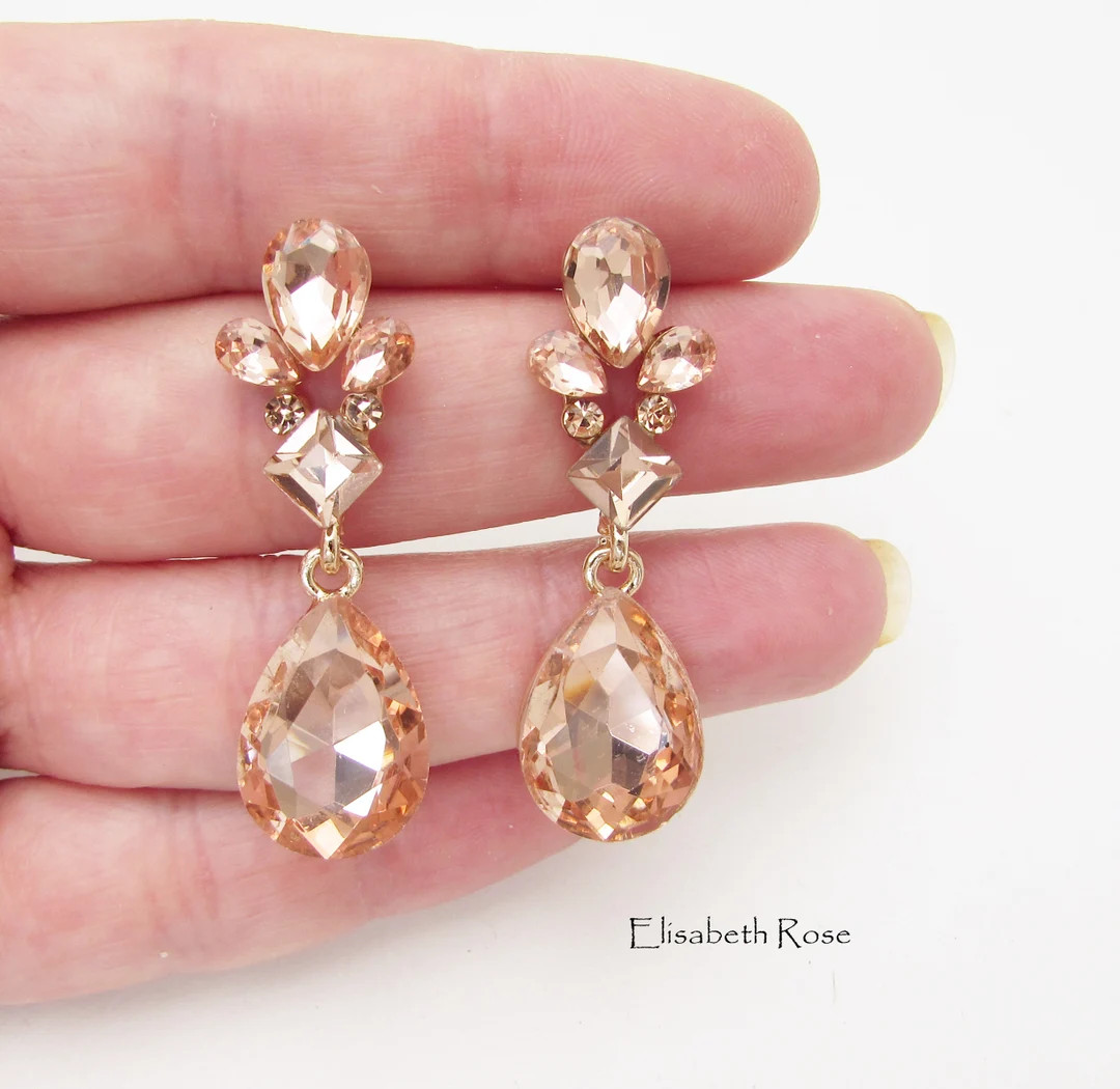 Blush Earrings, Blush Crystal Earrings, Peach and Silver Earrings, Teardrop Blush Crystal Earring... | Etsy (US)