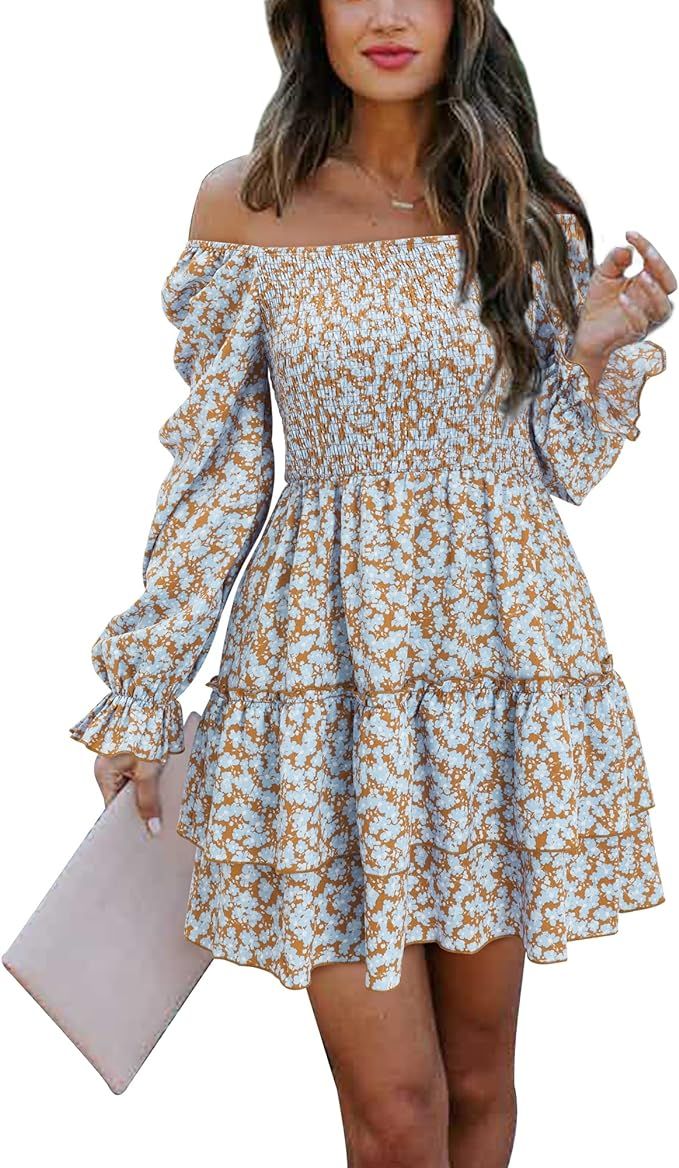 ULTRANICE Womens Ruffle Floral Dress Long Lantern Sleeve Square Neck Elastic Waist A-line Casual ... | Amazon (US)