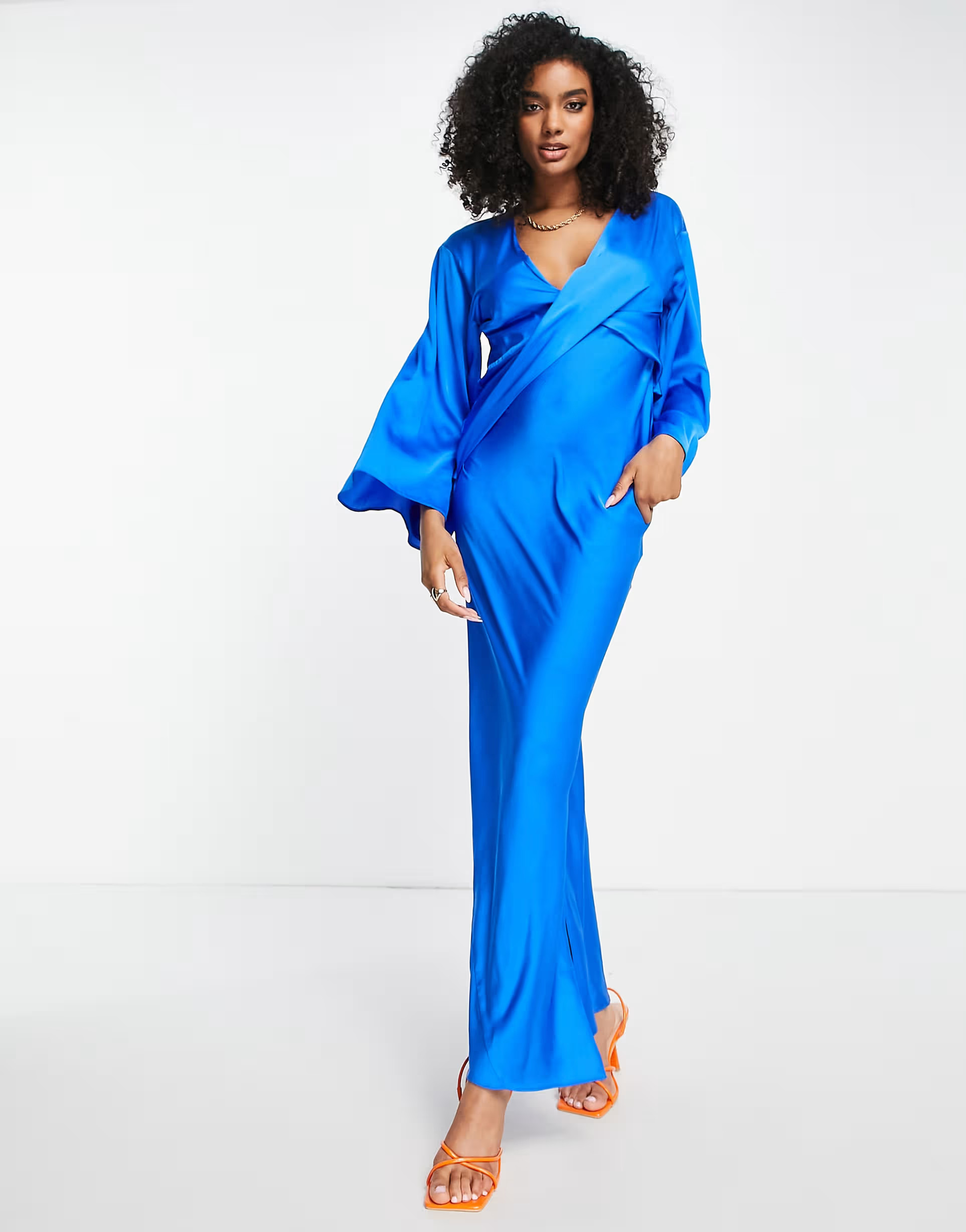 ASOS DESIGN satin batwing midi dress with drape bodice detail in cobalt | ASOS (Global)