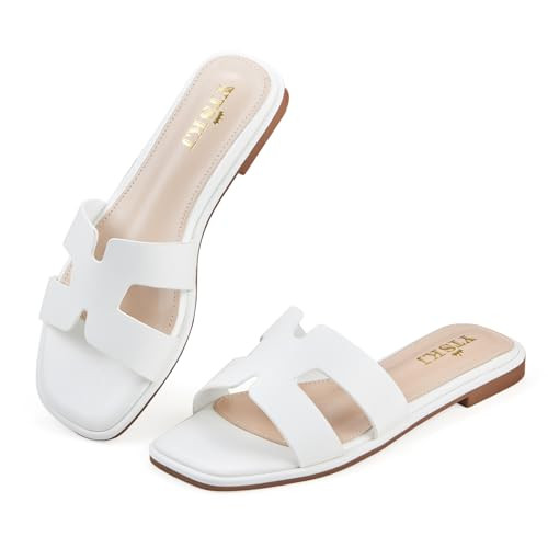 YTSKJ Sandals for Women 2025 Dressy Cute Summer Flat Slides Comfortable Soft Leather for Ladies Casual Square Open Toe Slip On Beach Sandals | Amazon (US)
