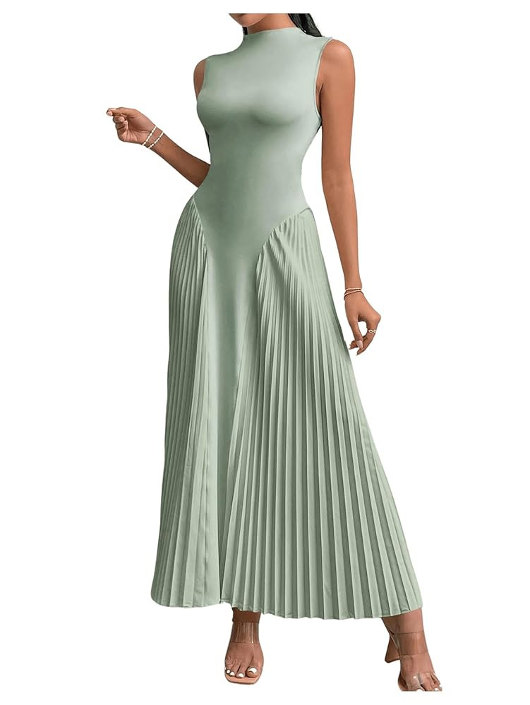 SOLY HUX Women's Maxi Dress Sleeveless Pleated A Line Mock Neck Flowy Long Dresses | Amazon (US)