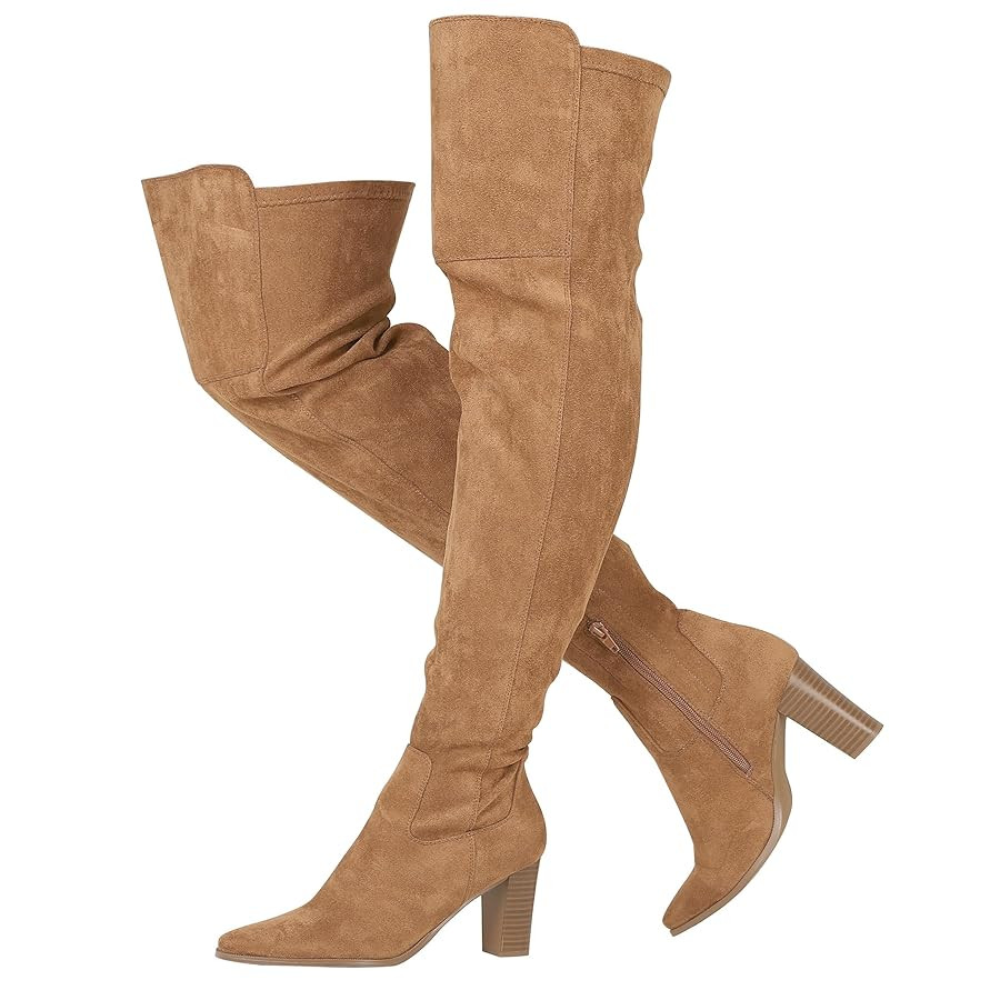 Thigh High Boots, Over The Knee, Brown Suede Block Heel Pointed Toe Stretch Sexy Boots For Women,... | Amazon (US)