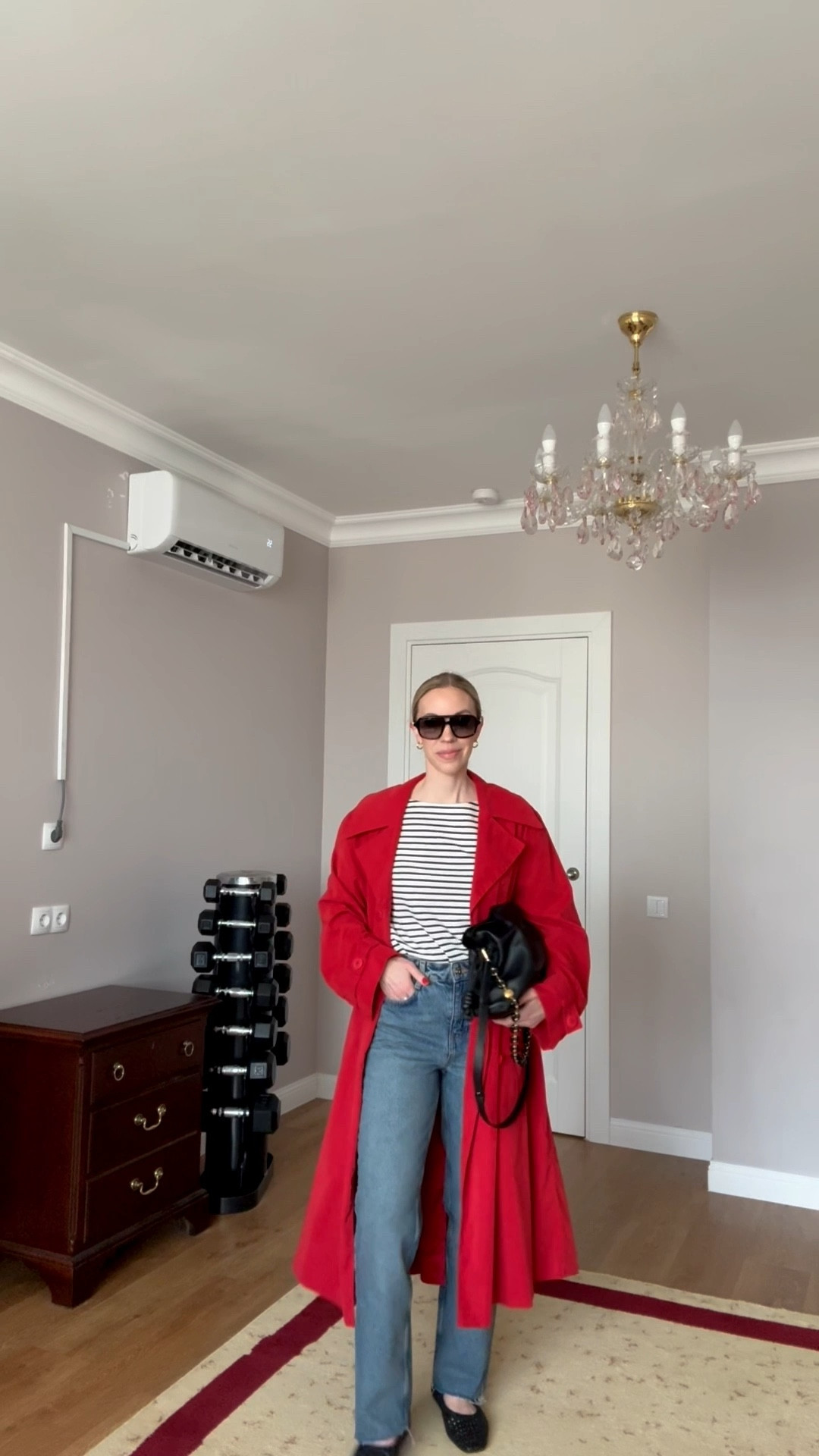 Look of the day, casual spring look, red trench coat, striped shirt, Gucci silk scarf, @Zara  straight leg jeans, Loewe Flamenco handbag 

#LTKdayinmylife #LTKOver40 #LTKootd