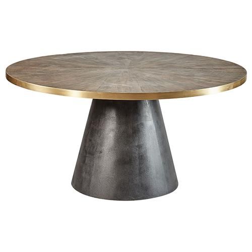 Minda Mid Century Brown Reclaimed Pine Wood Black Resin Pedestal Dining Table - 60"W | Kathy Kuo Home
