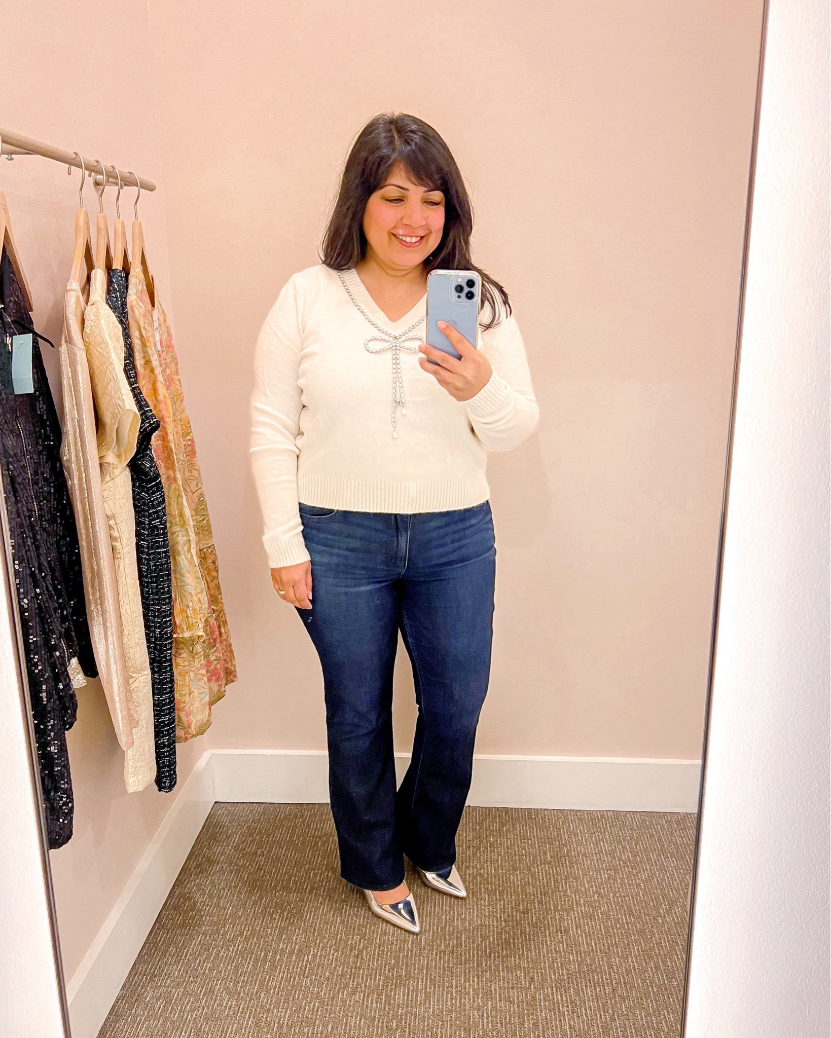 Holiday outfit! Loft reversible jeweled bow sweater size large petite. This sweater is so pretty and so cool because it’s reversible! You can wear the bow on the back and have a jeweled crewneck look in the front! Wit and wisdom bootcut jeans size 12 petite. Target silver slingback kitten heels true to size. 

#LTKHoliday #LTKParties #LTKGiftGuide