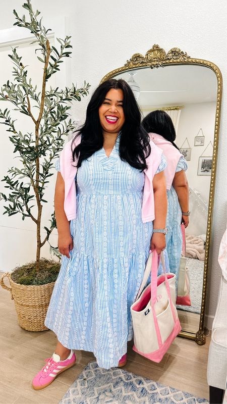 🌷 SMILES AND PEARLS SPRING OUTFIT 🌷 
🌷 My Belk dress is the perfect spring dress! It's got a pleated neckline with floral eyelet on a stripped fabric and I am so obsessed with it!
Size: XL Height: 5’1
🌷 My pink cardigan is a lady jacket from Walmart and my pink adidas

🌷 Gazelles are my new favorite! I got a kids 6 and I wear an 8.5 or 9 typically.

🌷 My Lands End tote bag has been my staple favorite this past month and this canvas bag is definitely worth it!

Spring outfit, Free Assembly, Walmart find, Walmart fashion, plus size fashion, jeans, dress, work outfit, spring looks, adidas gazelle, sandals, vacation outfit, Society Social, Crown & Ivy, monogram tote bag, pink tote bag, travel outfit, spring outfit, summer outfit, vacation outfit, sandals

#LTKplussize #LTKtravel #LTKSeasonal