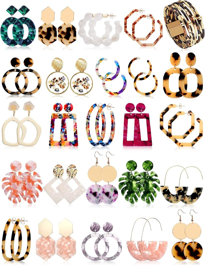 24 Pairs Mottled Hoop Acrylic Earrings Set for Women Girls Resin Statement Costume Jewelry with L... | Amazon (US)