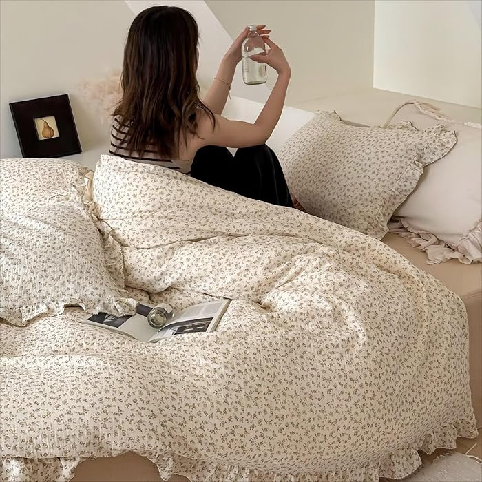 BuLuTu Cotton Muslin Duvet Cover Queen, Camellia Floral Quilt Cover with 2 Pillow Cases, Cottagec... | Amazon (US)