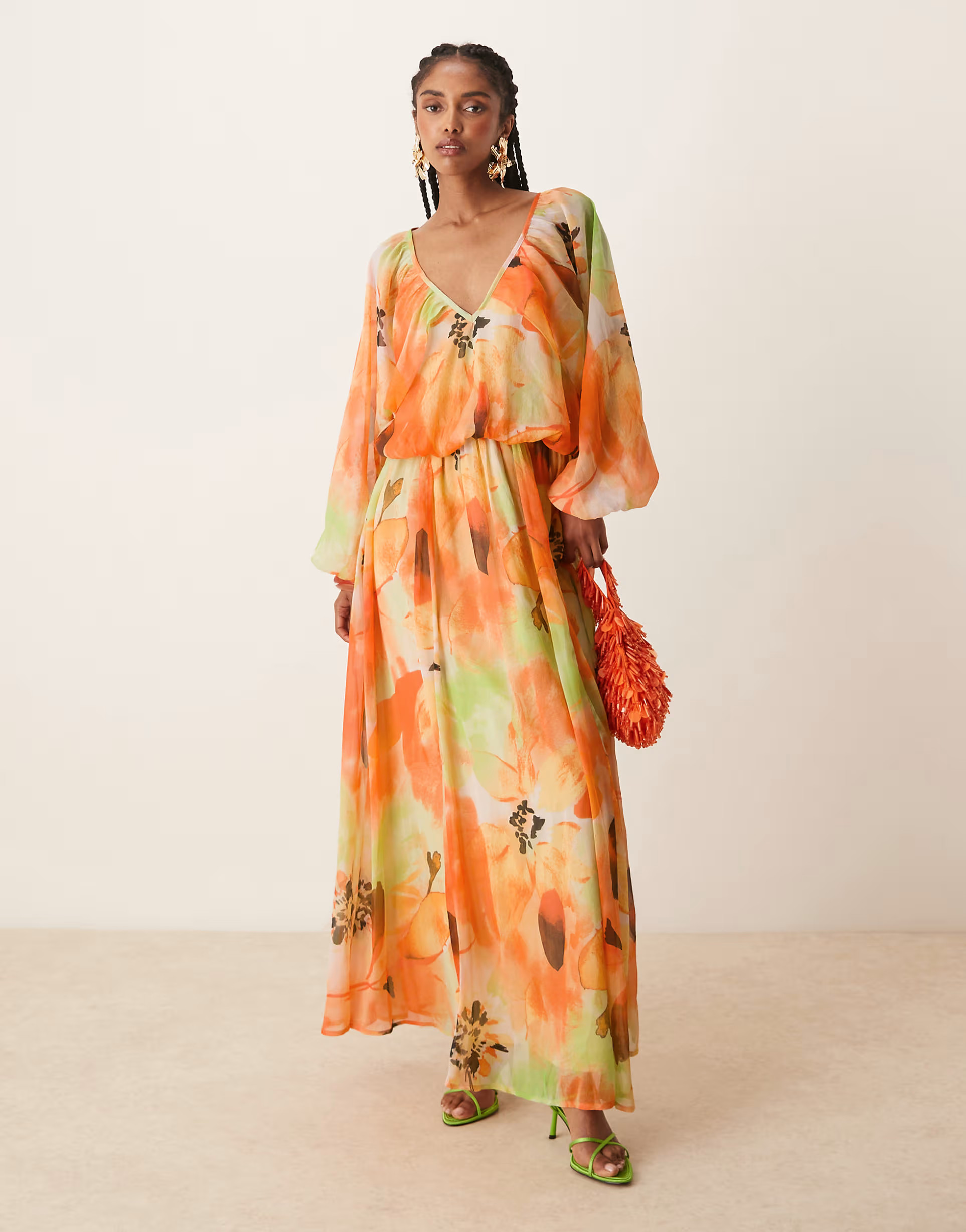 ASOS DESIGN long sleeve puff blouson maxi dress in overblown orange floral print | ASOS (Global)