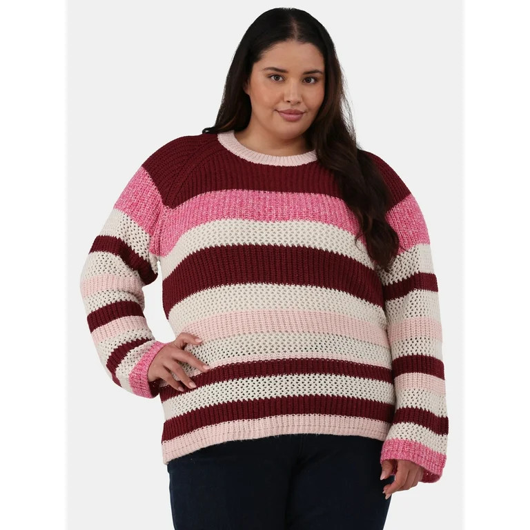 99 Jane Street Women's Plus Textured Striped Raglan Sweater, Midweight, Sizes 1X-4X | Walmart (US)