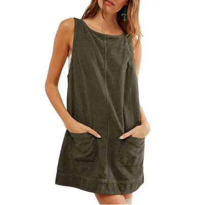 Clearlove Corduroy Overall Dress for Womens U Neck Sleeveless Mini Dress Backless Vest Dress Solid Cute A Line Dress Pinafore,Army Green,S | Target