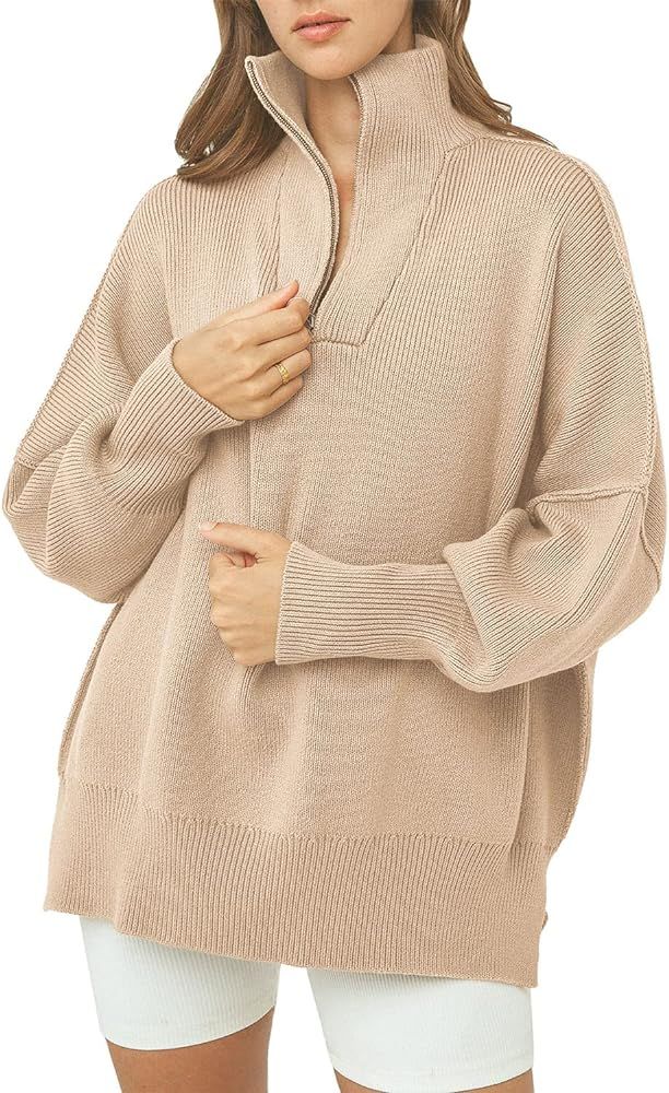 PRETTYGARDEN Suéteres de otoño de gran tamaño para mujer, de manga larga, casual, con cremallera de  | Amazon (US)