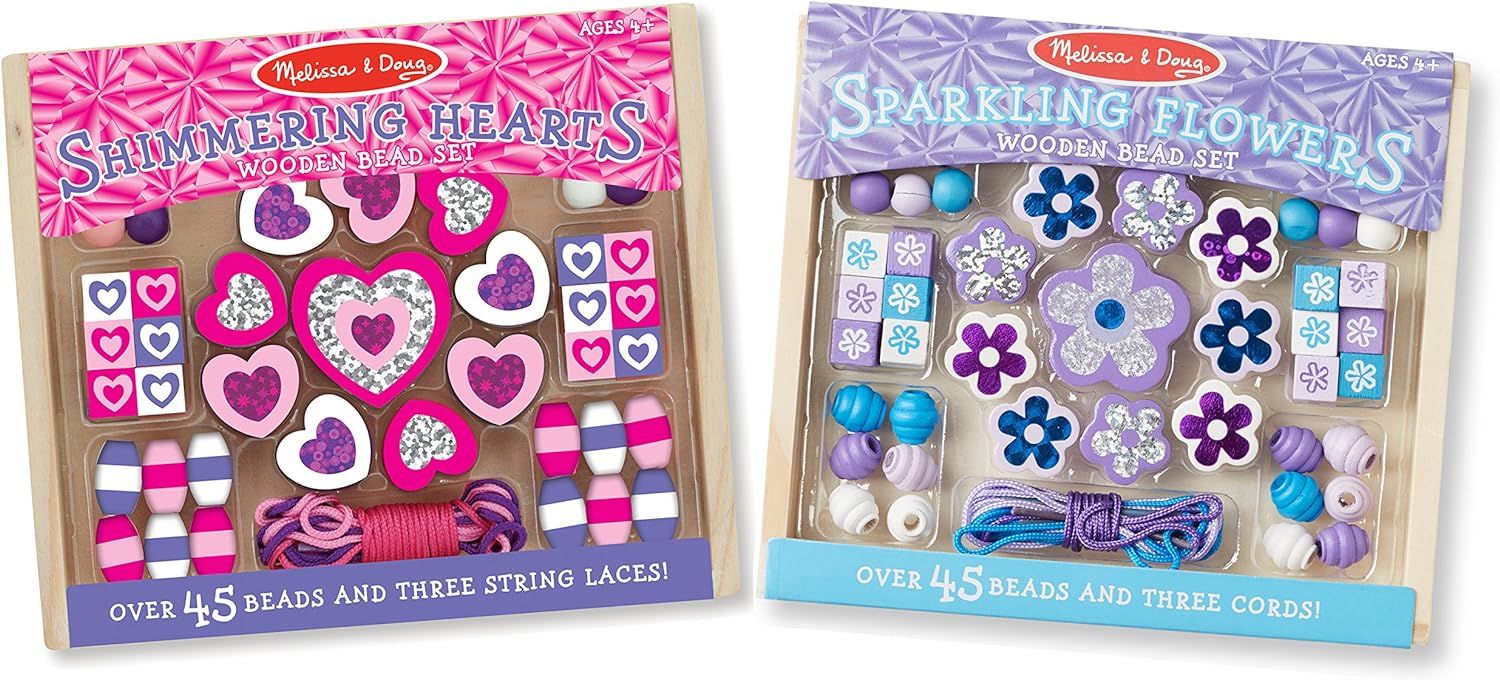 Melissa & Doug Hearts and Flowers Wooden Bead Set of 2 With 90+ Beads for Jewelry-Making | Amazon (US)