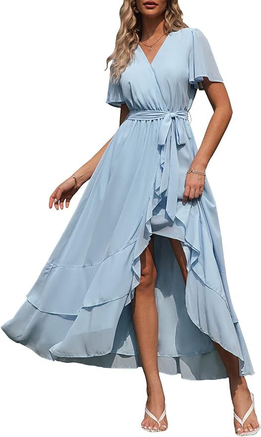 Simplee Womens Solid Chiffon Wrap Formal Maxi Ruffle Split Dress Flowy Bridesmaid Wedding Party E... | Amazon (US)