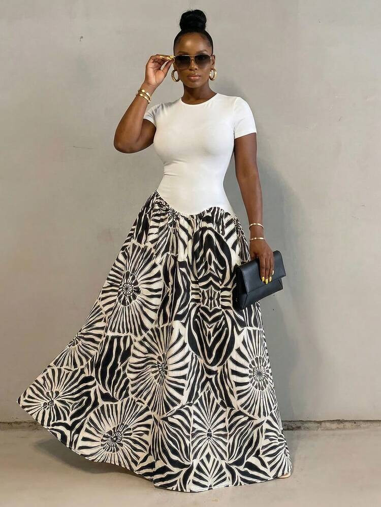 BamGleam Spring New Design Women's Irregular Patchwork Dress, Fashionable For Vacation, Passionate For Vacation Romance, Party And Gathering. Zebra Print Skirt African Print Skirt Maxi Skirt Black And White Skirt | SHEIN