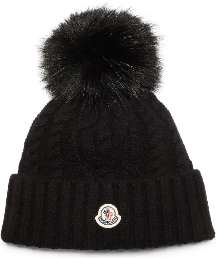 Moncler Virgin Wool & Cashmere Rib Beanie with Faux Fur Pompom | Nordstrom | Nordstrom
