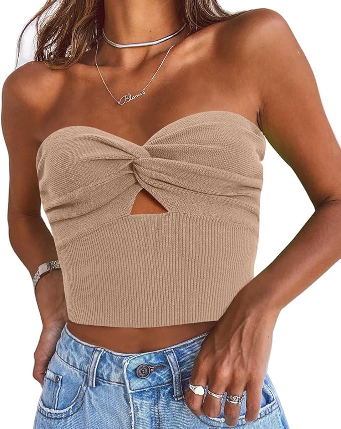 EFAN Womens Cut Out Twist Knot Front Tube Tops Bandeau Ribbed Knit Y2K Sexy Strapless Crop Tank B... | Amazon (US)