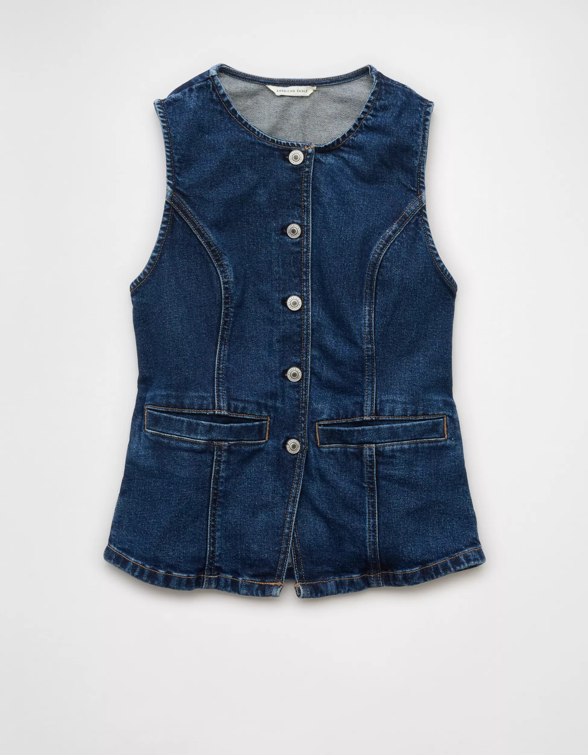 AE Crew Neck Button-Up Denim Vest | American Eagle Outfitters (US & CA)