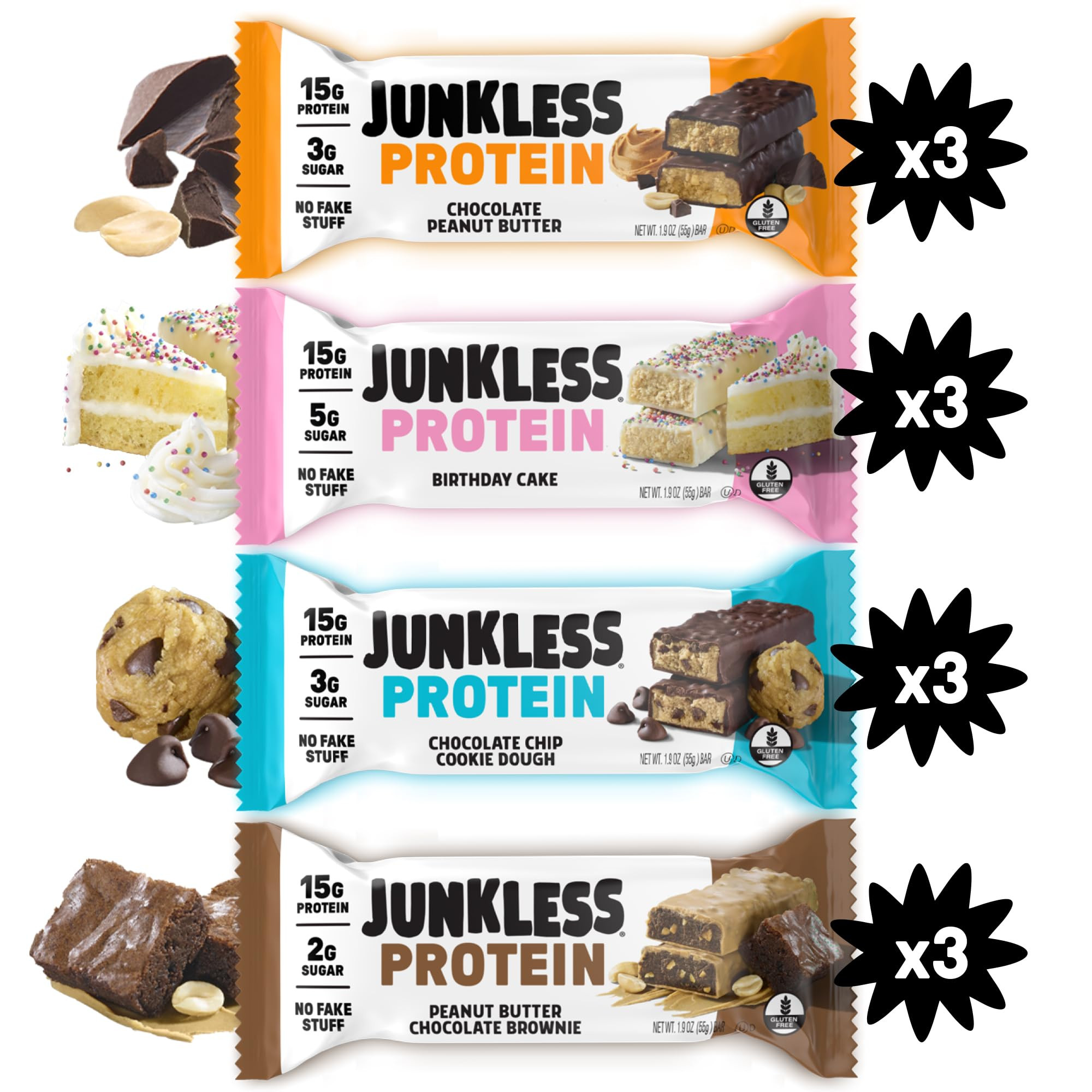 JUNKLESS Protein Bars Variety Pack | Chocolate Peanut Butter, PB Chocolate Brownie, Birthday Cake... | Amazon (US)