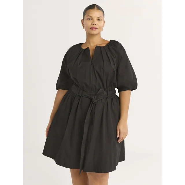 Scoop Women's and Women's Plus Belted Cotton Poplin Mini Dress with Puff Sleeves, Sizes XS-4X | Walmart (US)