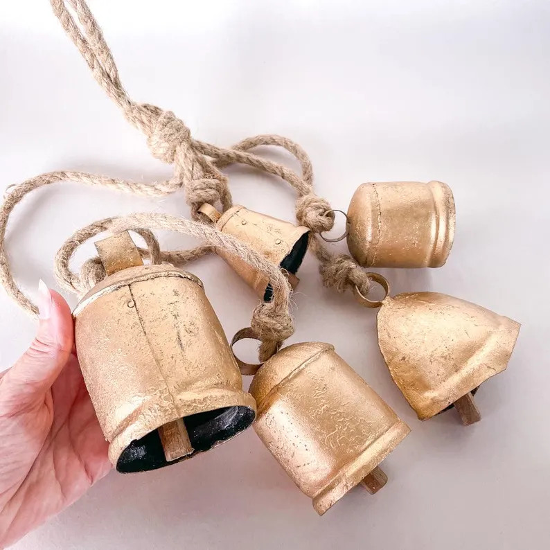 Vintage Handmade Brass Cow Bell Set 5 on Rope Gold Christmas Bells Set 5 - Etsy | Etsy (US)