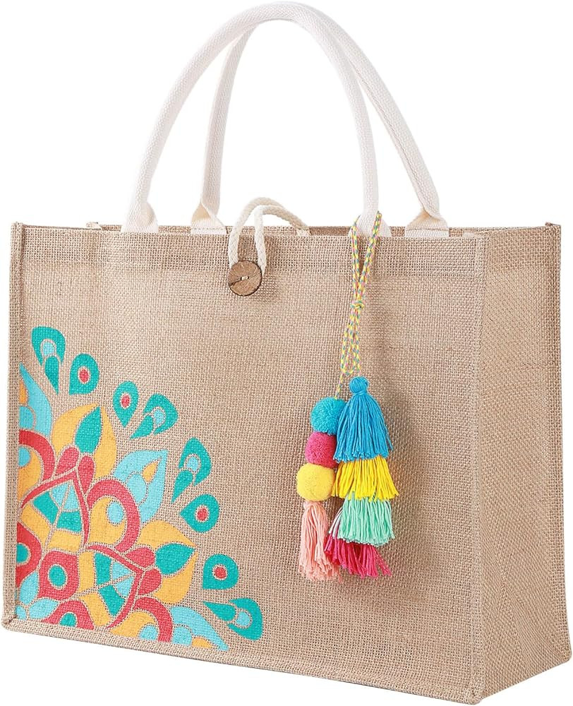 itgowisa Jute Tote Bag for Women Large Straw Beach Bag Stylish Beach Bag Cute Reusable Grocery Bag G | Amazon (US)