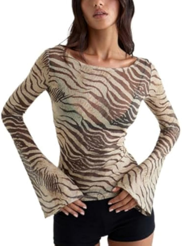 Animal Print Tops for Women Zebra Print See Through T Shirt Long Sleeve Y2K Aesthetic Going Out T... | Amazon (US)