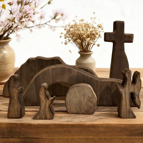 FESTGLOX Empty Tomb Easter Scene for Christian Decoration, Wooden Easter Resurrection Scene with Cross for Religious Display, Nativity Jesus Tomb Set for Home Office Tabletop Tray, Shelf Decor | Amazon (US)