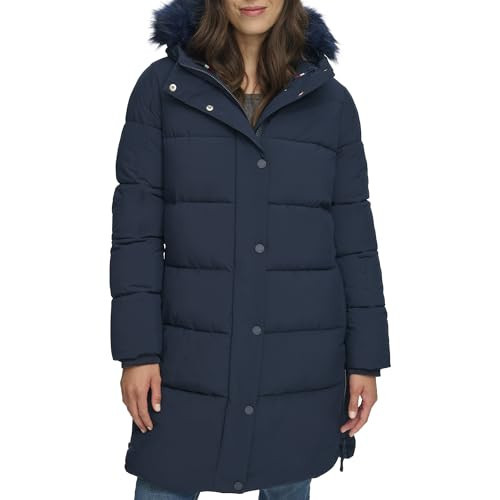 Tommy Hilfiger Zip-Up Long Puffer Coat Navy MD (US 8-10) | Amazon (US)
