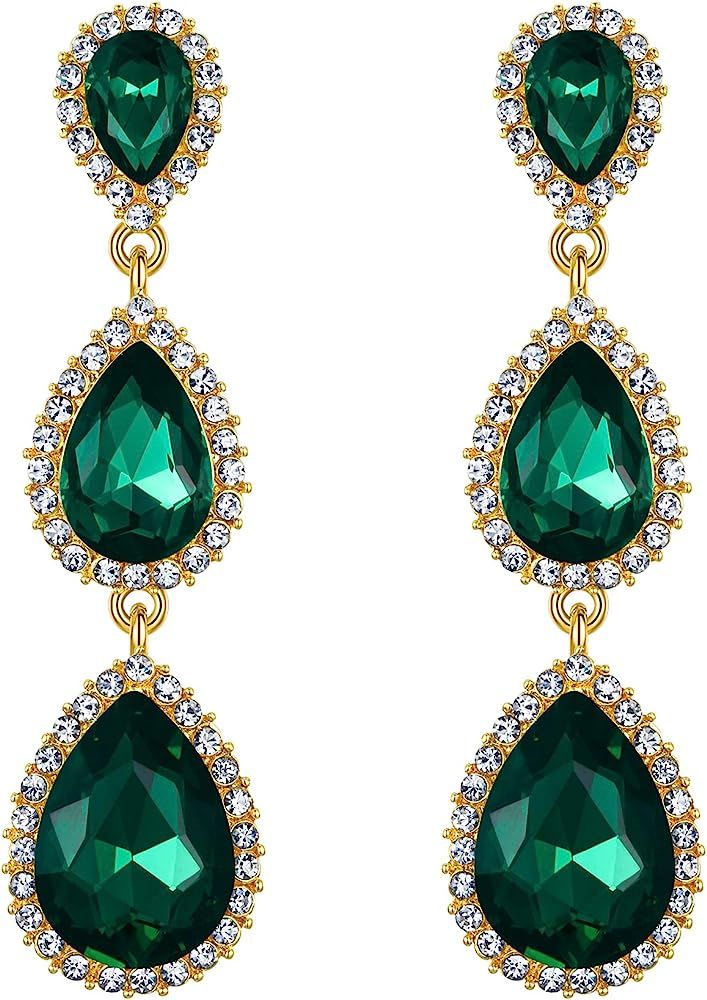 EleQueen Women's Gold-tone Austrian Crystal Teardrop Pear Shape 2.5 Inch Long Earrings Emerald Color | Amazon (US)