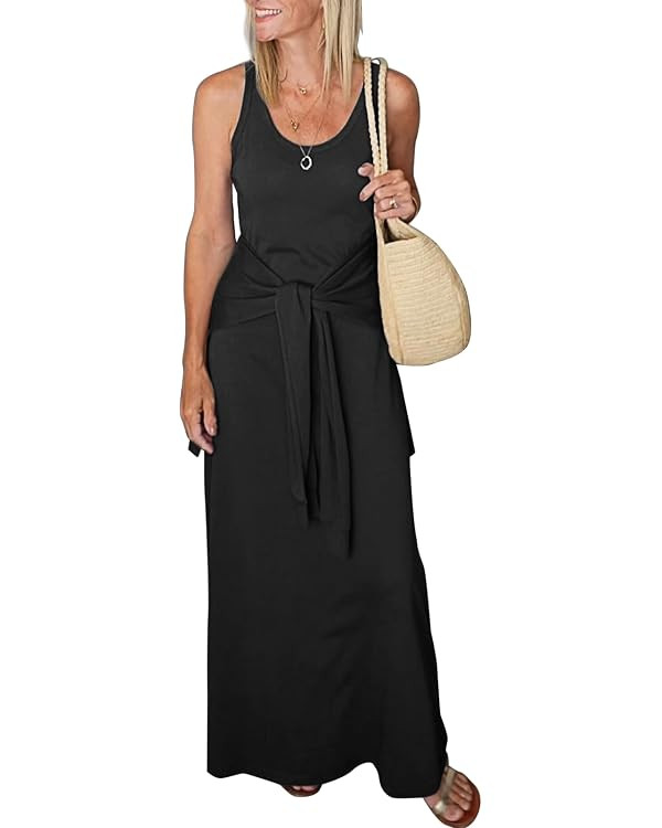 Women's Summer Maxi Tshirt Dress Tie Waist Casual Slim Fit Sleeveless Tank Long Beach Dresses | Amazon (US)