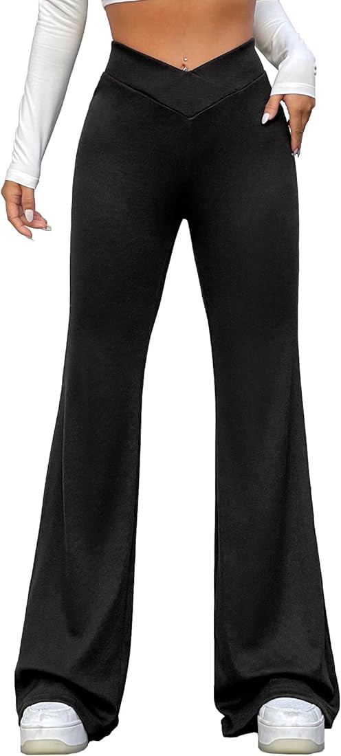QCIV Womens Flared Leggings High Waist Black Strechy Bell Bottom Pants V Crossover Bootcut Sweatp... | Amazon (US)