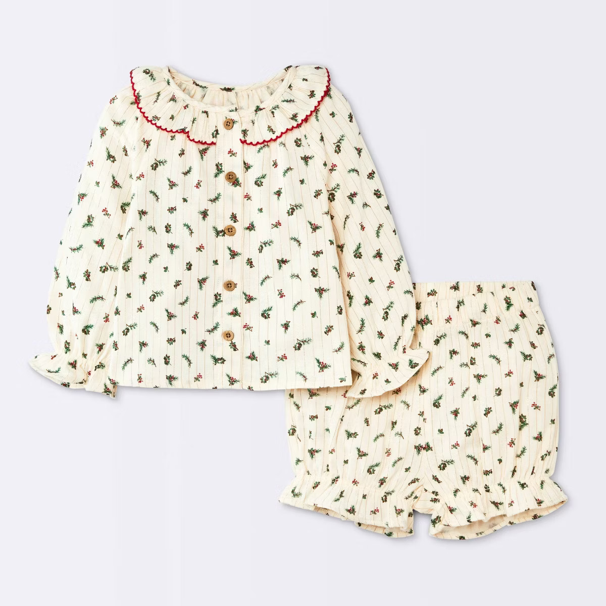 Baby Girls' Christmas Holiday 2pc Holly Berry Long Sleeve Button-Down Top and Bloomer Set - Cloud... | Target