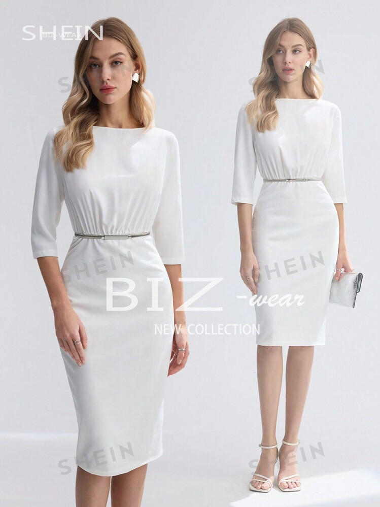 SHEIN BIZwear Women's Solid Color Waist Cinched Dress | SHEIN