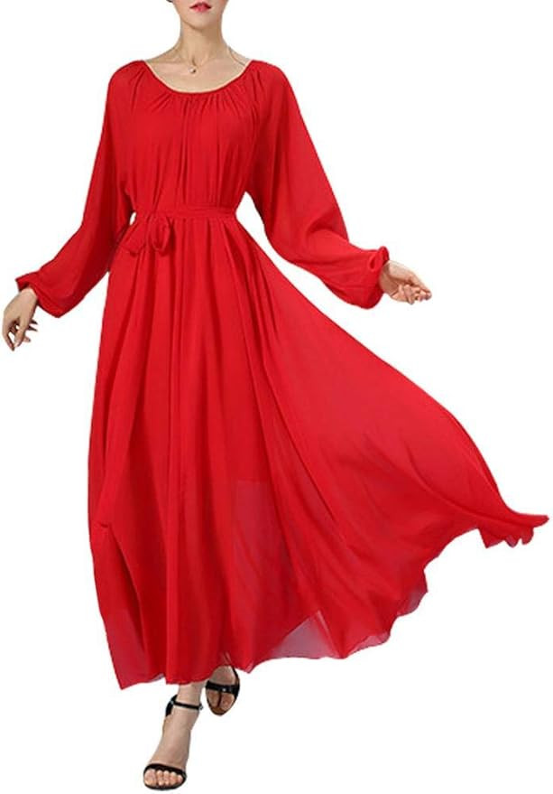 BUENOS NINOS Women's Long Sleeve Crew Neck Loose Chiffon Long Maxi Dress with Belt | Amazon (US)