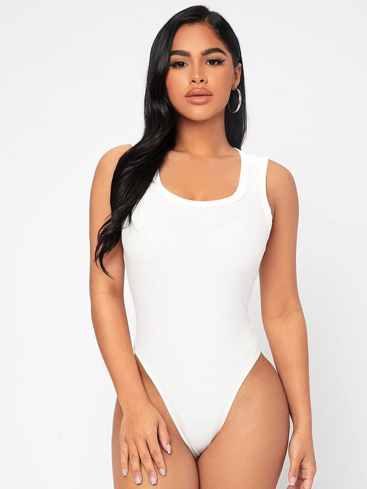 SHEIN PETITE Scoop Neck Rib-Knit Tank Bodysuit | SHEIN