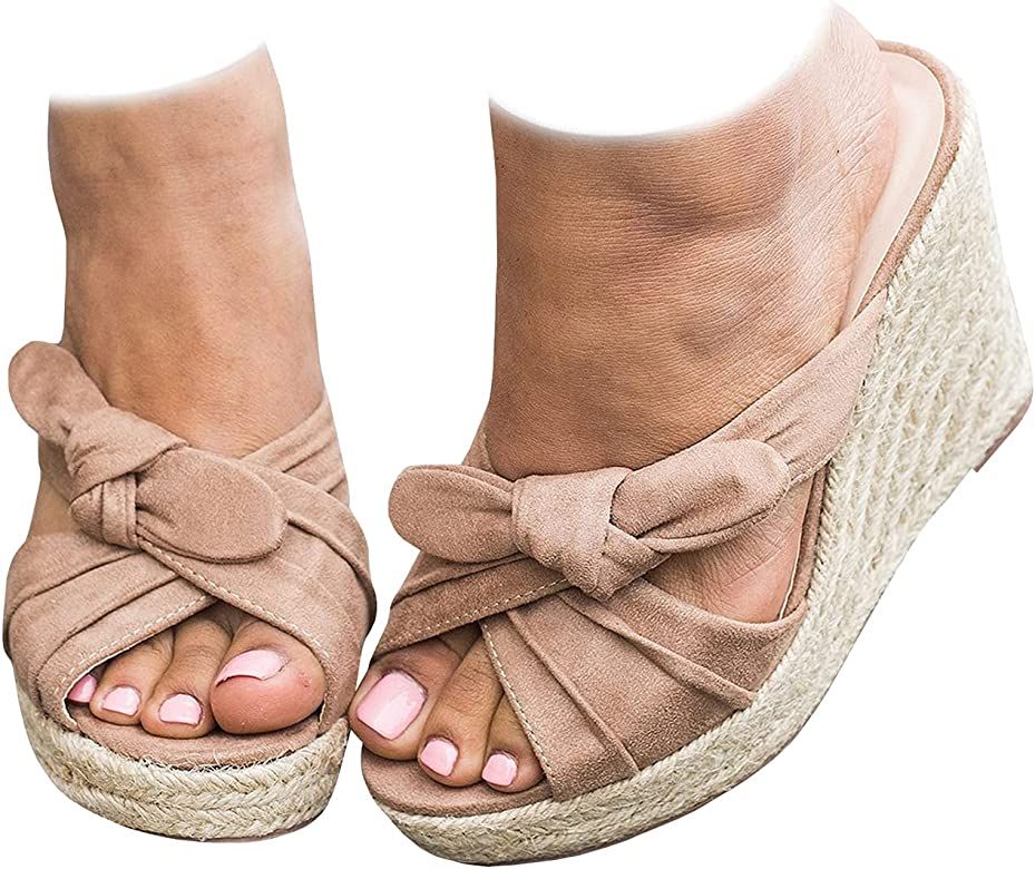 Womens Espadrilles Wedge Sandals Platform Slip on Slides Bow Knot Open Toe Backless Mules Shoes | Amazon (US)