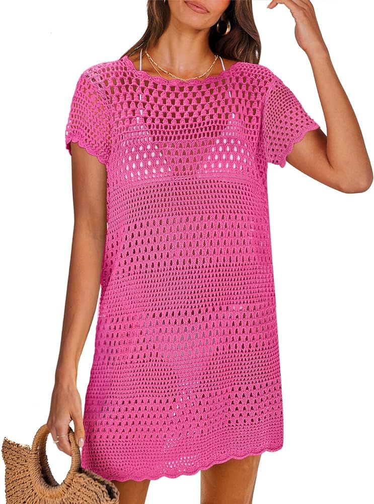 ANRABESS Women Swimsuit Crochet Swim Cover Up Summer Bathing Suit Swimwear Knit Short Sleeve Pull... | Amazon (US)