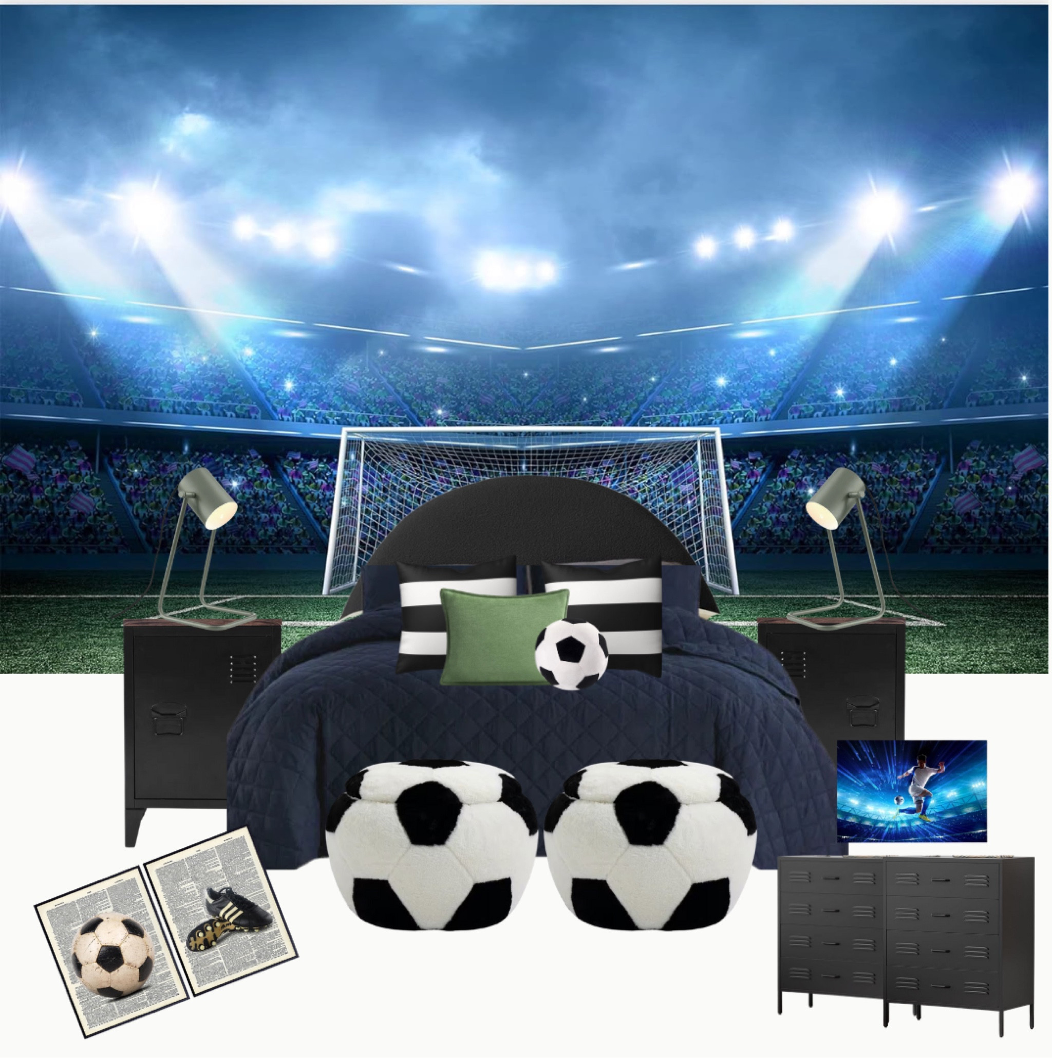 Score big with this ultimate soccer-themed bedroom for your little athlete! The star of the room is a soccer field mural as the focal wall, paired with fun soccer ball ottomans and soccer wall art. Added a sleek bed, nightstands, and dresser in a stylish black, navy, and green color scheme to complete the look. Perfect for any soccer fan’s dream room!  #SoccerRoom #KidsRoomDecor #SportsThemedBedroom #LTKhome #BoysRoomDecor #SoccerLovers #WalmartFinds #BudgetFriendlyDecor #RoomMakeover #LTKfinds #ShopMyHome

#LTKHome #LTKFamily #LTKKids