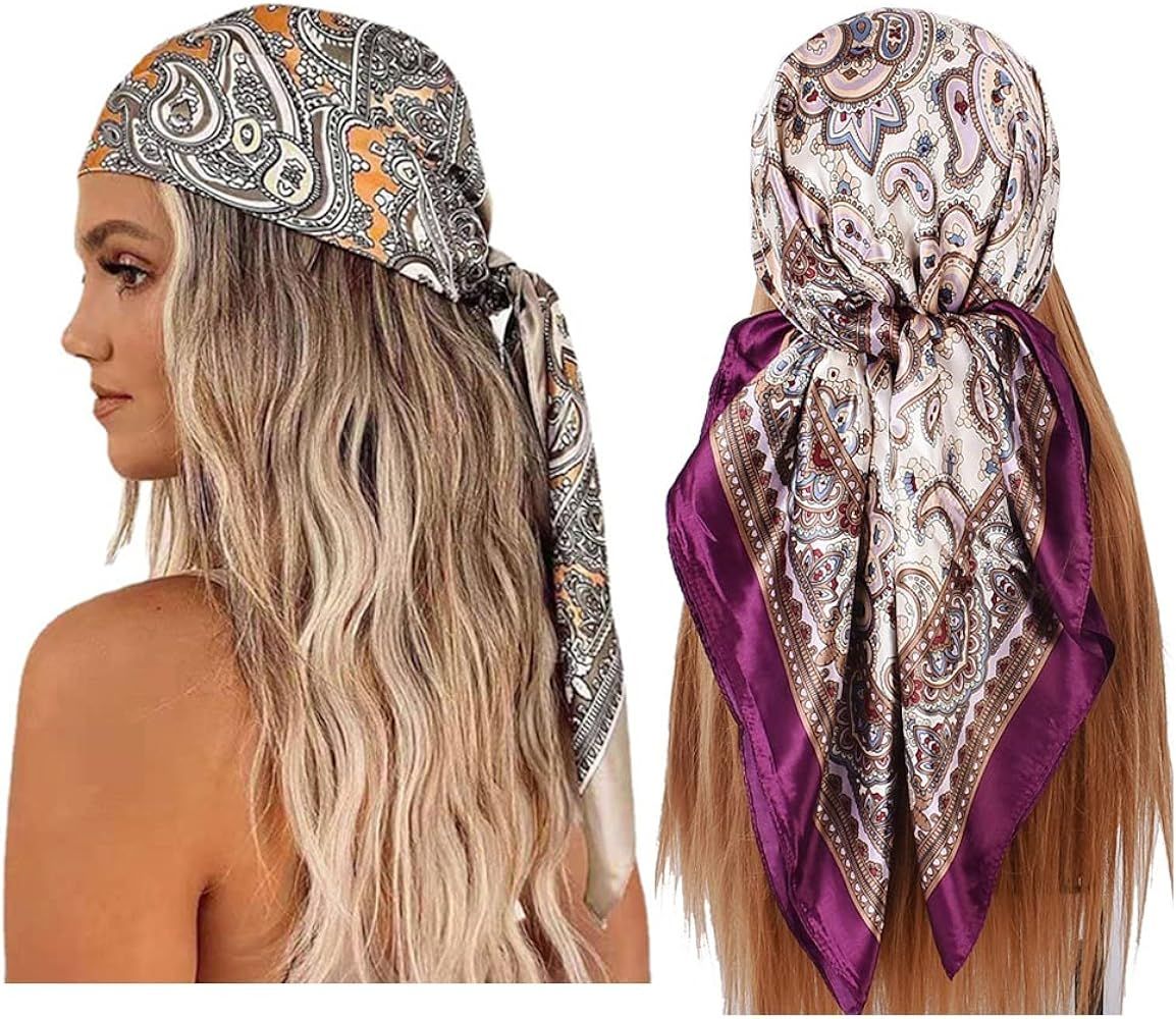 K-ELewon 35" Large Square Fashion Scarves Women's Satin Silk Feeling Hair Wrapping Scarfs Night Slee | Amazon (US)