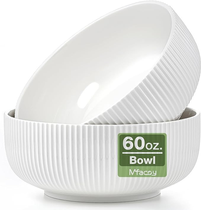 Mfacoy 2 Pack Salad Bowl, 8 inch 60 oz Large Serving Bowl Set, Deep Bowl for Kitchen, White Ceram... | Amazon (US)