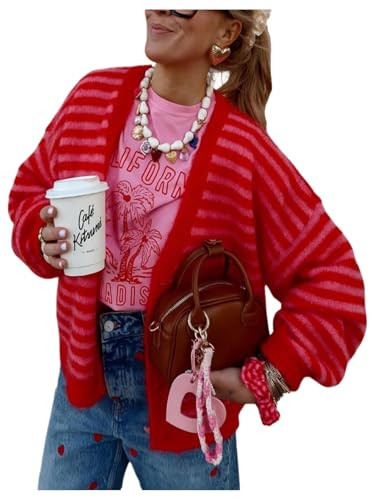GORGLITTER Women's Button Up Cardigan Colorful Striped Color Block Knit Button Down Long Sleeve Cardigan Sweaters Red Small | Amazon (US)