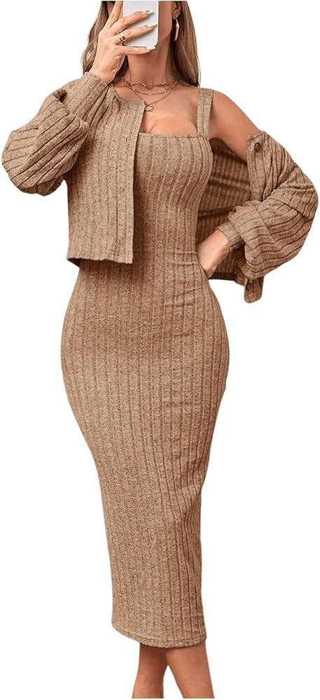 Floerns Women's 2 Piece Outfit Cami Bodycon Dress with Button Front Jacket Set | Amazon (US)