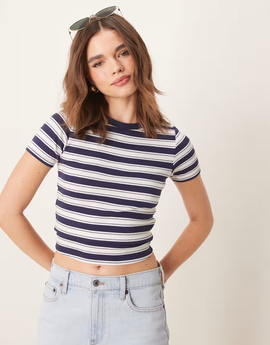 Miss Selfridge stripe baby tee in navy-Multi | ASOS (Global)